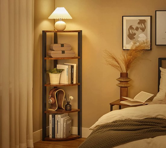 Hoekrek met 5 planken, boekenkast, opbergplank, multifunctioneel, voor woonkamer, slaapkamer, kantoor, industrieel design, vintage bruin-zwart LLS801B01 - Merkloos