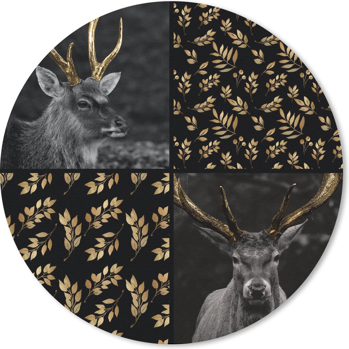 Muismat rond 20x20 cm - Mousepad Collage - Dieren - Bladeren - Goud - Ronde muismatten