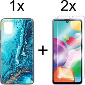 Samsung A41 Hoesje - Samsung Galaxy A41 Hoesje Marmer Donkerblauw Oceaan Print Siliconen Case - 2x Samsung A41 Screenprotector