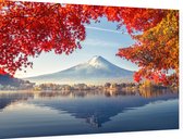 Ochtendmist bij het Kawaguchiko meer bij Mount Fuji in Japan - Foto op Dibond - 90 x 60 cm