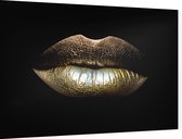 Gouden vrouwelijke lippen op zwarte achtergrond - Foto op Dibond - 90 x 60 cm