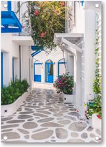 Grieks Straatje - Griekenland - Tuinposter 50x70 - Wanddecoratie - Bloemen