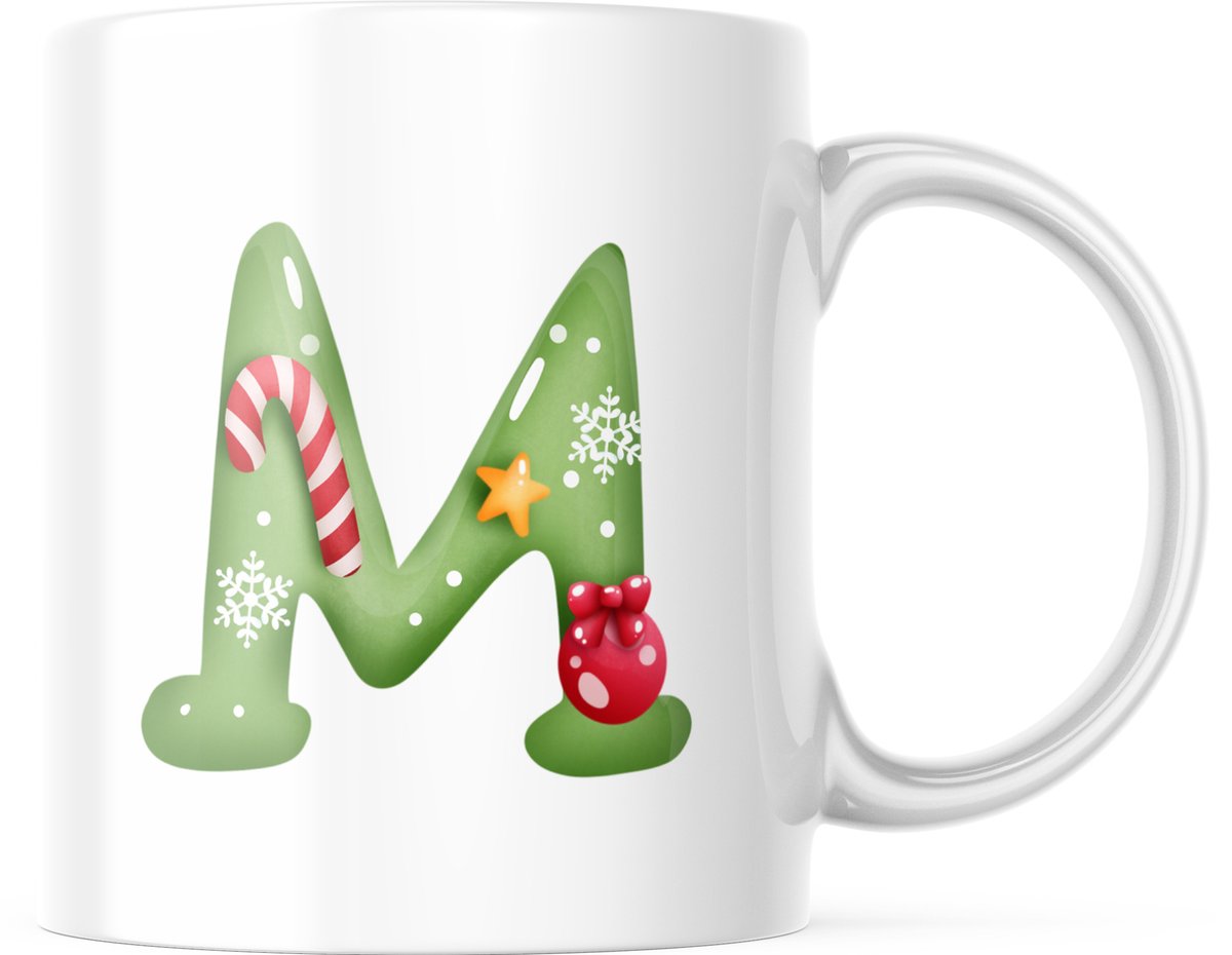 Kerst Mok met afbeelding: Kerst letter M | Kerst Decoratie | Kerst Versiering | Grappige Cadeaus | Koffiemok | Koffiebeker | Theemok | Theebeker
