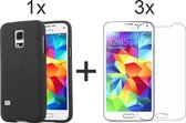 iParadise Samsung S5 Hoesje - Samsung Galaxy S5 hoesje zwart siliconen case cover - 3x Samsung S5 Screenprotector