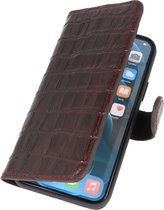 iPhone 13 Krokodil Handmade Leer Booktype Hoesje - Portemonnee Wallet Cases - Lederen Telefoonhoesje - Mocca