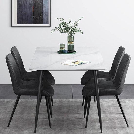 Medina Eettafel - Eettafel set - Met 4 stoelen - 130 cm - Zwart - Marmer - Modern
