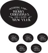 Onderzetters voor glazen - Rond - Kerst quote Wishing you a merry Christmas op een zwarte achtergrond - 10x10 cm - Glasonderzetters - 6 stuks