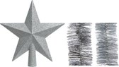 Kerstversiering kunststof glitter ster piek 19 cm en folieslingers pakket zilver van 3x stuks - Kerstboomversiering