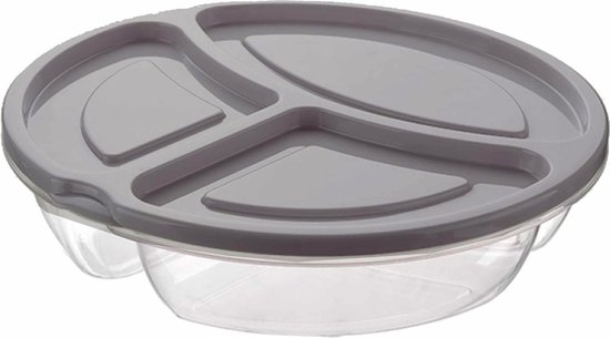 1x Boîtes à Boîtes repas/ conteneurs de stockage ronds gris clair à 3 compartiments avec couvercle 2,6 litres - Ustensiles de cuisine - Conservation des aliments - Boîtes de conservation