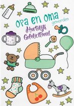 Opa en Oma geworden! Hartelijk gefeliciteerd! Een sfeervolle en kleurrijke wenskaart met diverse afbeeldingen. Een dubbele wenskaart inclusief envelop en in folie verpakt.