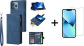 Luxe Telefoonhoesje voor Apple iPhone 13 Pro | Hoogwaardig Leren Bookcase | Lederen Wallet Case | Luxe Uitstraling | Pasjeshouder 6 stuks | Blauw + 1x Screenprotector