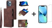 Luxe Telefoonhoesje voor Apple iPhone 13 Pro | Hoogwaardig Leren Bookcase | Lederen Wallet Case | Luxe Uitstraling | Pasjeshouder 6 stuks | Bruin + 1x Screenprotector
