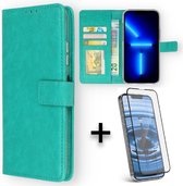 HB Hoesje Geschikt voor Apple iPhone 13 Pro Turquoise & 1 Stuk Volledige Glazenscreen protector - Portemonnee Book Case - Kaarthouder & Magneetlipje