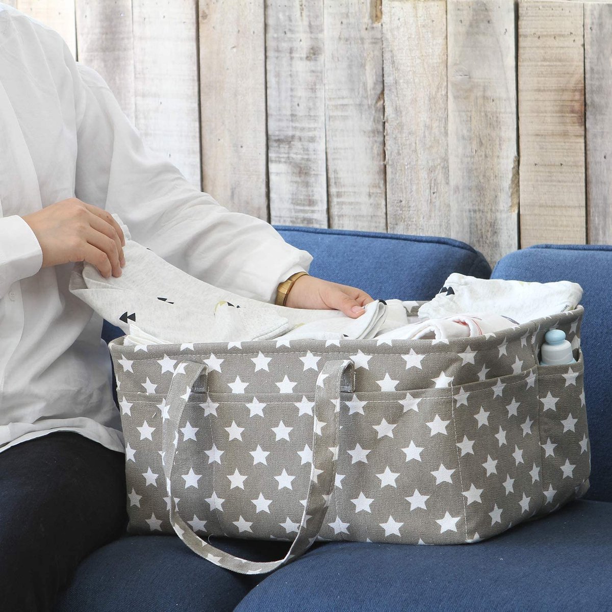sacs à couches portatifs gris corde de coton tissée multifonction Organiseur à couches pour bébé avec 3 compartiments panier à couches pour chambre denfant 