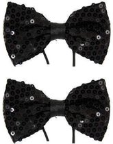 2x stuks vlinderstrikje/das zwart met pailletten verkleedaccessoires voor volwassenen - Feest strikjes