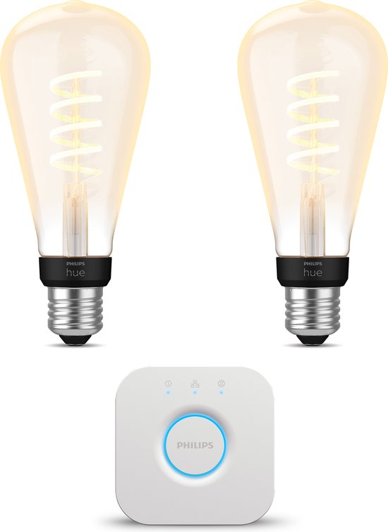 Philips Hue Starterspakket E27 White Ambiance - Filament Edison groot - 2 Hue LED Lampen en Bridge - Eenvoudige Installatie - Werkt met Alexa en Google Home