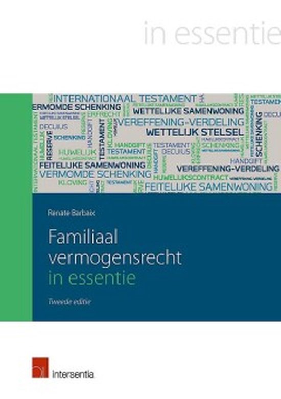 Boek "Familiaal vermogensrecht in essentie" met woordenwolk van juridische termen op de cover.