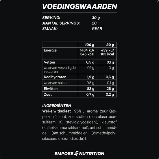 Voedingswaarden voor "EMPOSE NUTRITION" met energiewaarden, vetten, koolhydraten, eiwitten en zout per 100g en 30g.