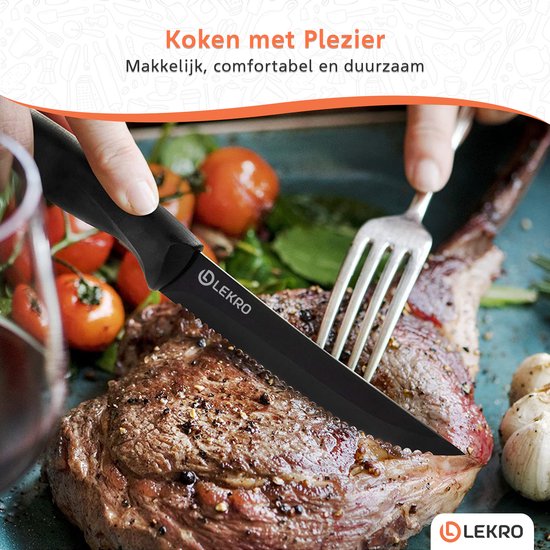 Lekro Steakmessen – 8-delige Steakmessenset – Vaatwasserbestendig - RVS - Zwart - Lekro