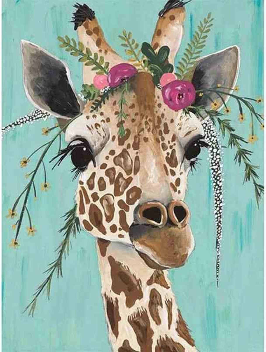 Diamond painting - Vrolijk geschilderde giraffe - Geproduceerd in Nederland - 40 x 60 cm - canvas materiaal - vierkante steentjes - Binnen 2-3 werkdagen in huis