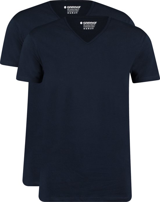 Garage 0222- Bio-Cotton Bodyfit 2-pack T-shirt V-hals korte mouw navy L 95% organisch katoen 5% elastan