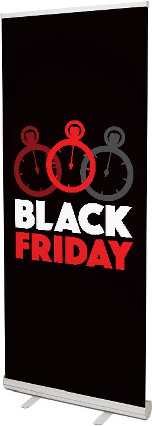 Foto: Black friday roll up 85 cm x 2 m incl aluminium cassette zwart met rood en wit binnen en buiten