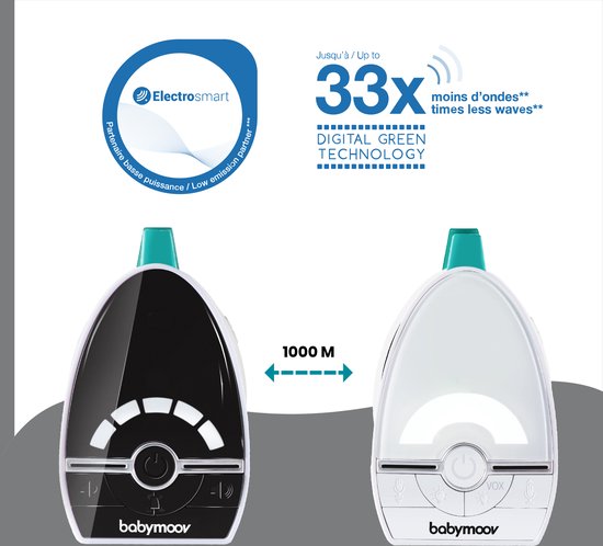 Zwarte en witte babymoov babyfoons, met afstandsaanduiding van 1000M en 'Digital Green Technology'.