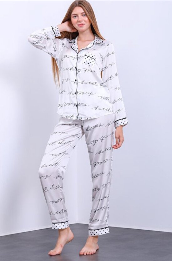 Satijn Dames Pyjama- Luxe Pyjamaset- Lingerie- Sexy- Nachtkleding Witte Sweet Dreams Maat S