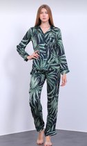 Satijn Dames Pyjamaset Groen/Zwart Blaadjes Design Maat M
