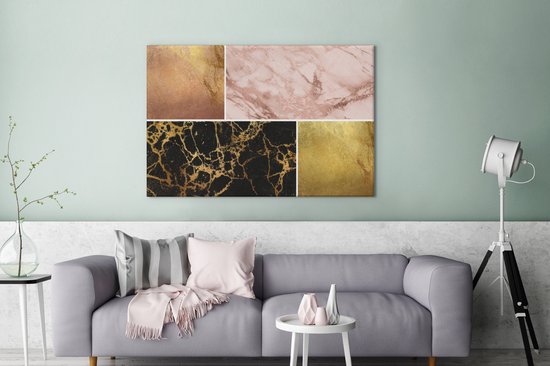 Toile Peinture Marbre - Rosé - Or - 140x90 cm - Décoration murale