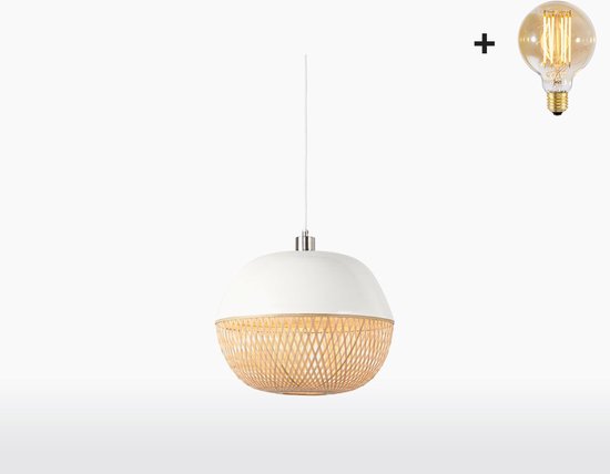 Hanglamp – MEKONG – Wit/Naturel Bamboe – Rond - Met LED-lamp