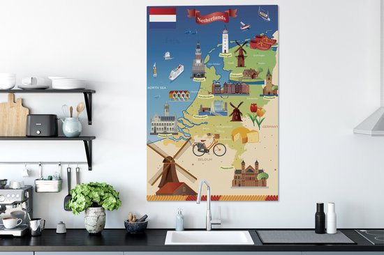 Carte des Nederland avec des vues 90x140 cm - Tirage photo sur toile (Décoration murale salon / chambre)