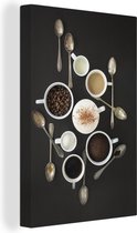 Canvas Schilderij Bekers koffie en koffiebonen - 20x30 cm - Wanddecoratie