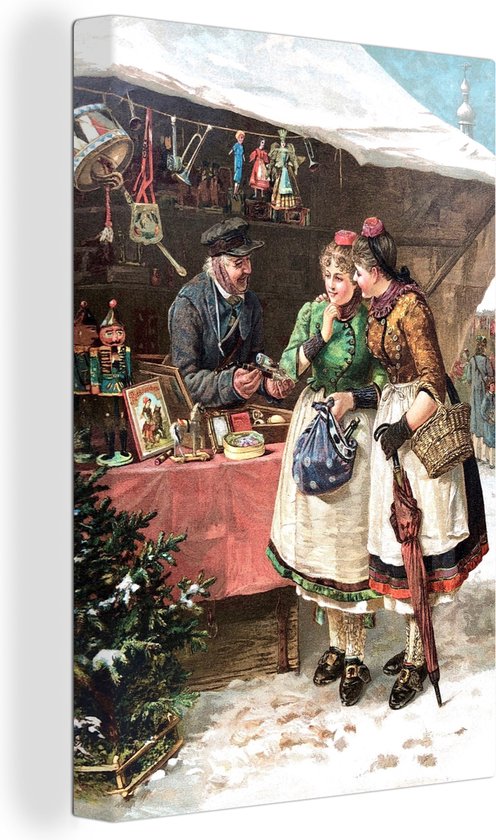 Canvas Schilderij Kerst - Portret Kerstmarkt - Vintage - 40x60 cm - Wanddecoratie