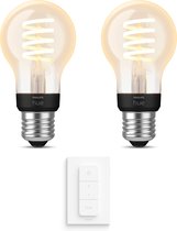 Philips Hue White E27 Uitbreidingspakket - 2 Hue Lampen en Dimmer Switch - Warm - Filament Standaard - Werkt met Alexa en Google Home