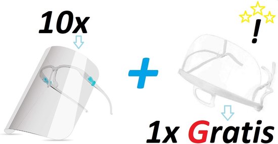 Face Shield Brildrager 10x Stuks + Gratis Transparant Mondkapje Face mask – Gelaatsschermen