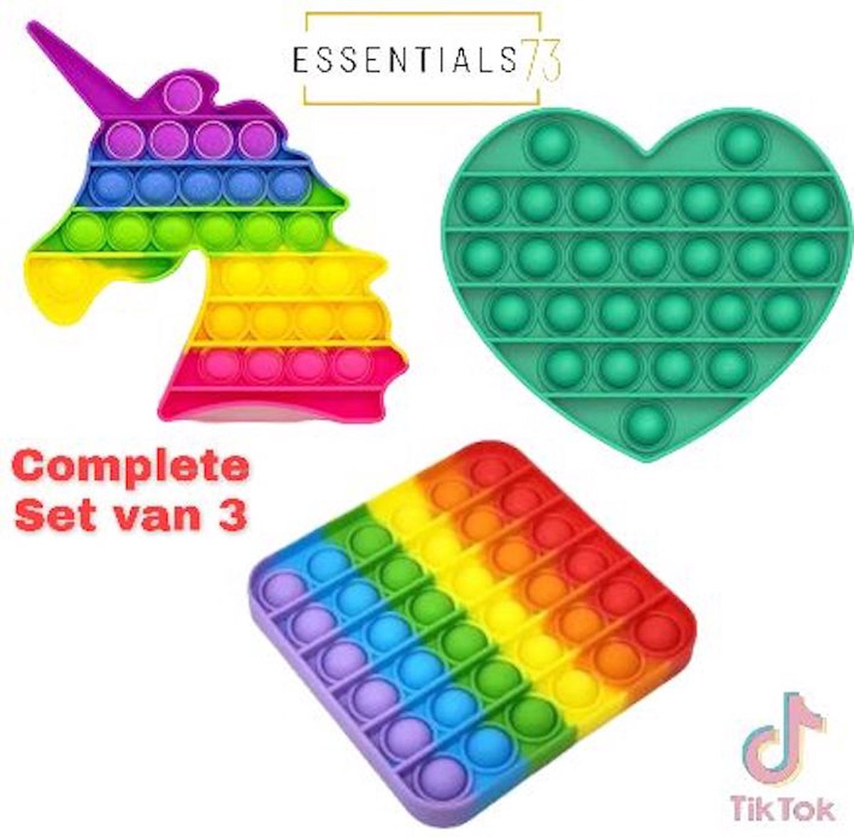 ESSENTIALS73 Pop it Fidget Set van 3: Regenboog set - Rainbow set - Unicorn + Hart + Vierkant - Tiktok - Essentials73