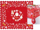 Kerst tafelkleed - water- en vuilafstotend - rood met wit  en goud - 150 cm x 180 cm