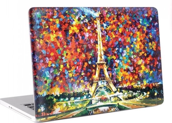 MacBook Air avec une impression style confetti de la Tour Eiffel.