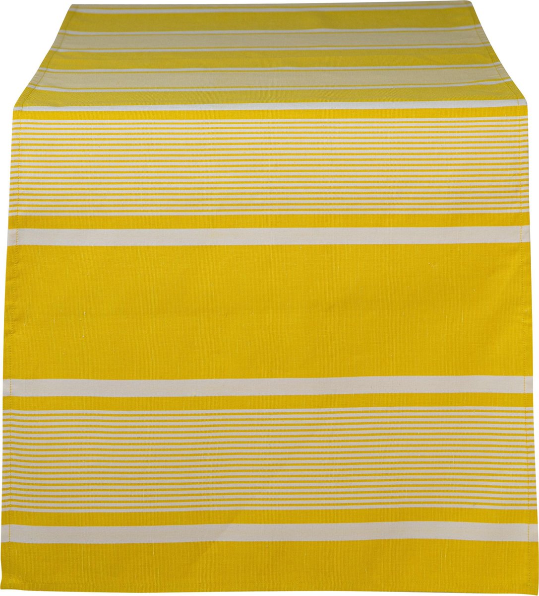 kleurmeester.nl | Afwasbare tafelloper Yvonne - Katoen-linnen | 50 cm x 155 cm | geel wit gestreept