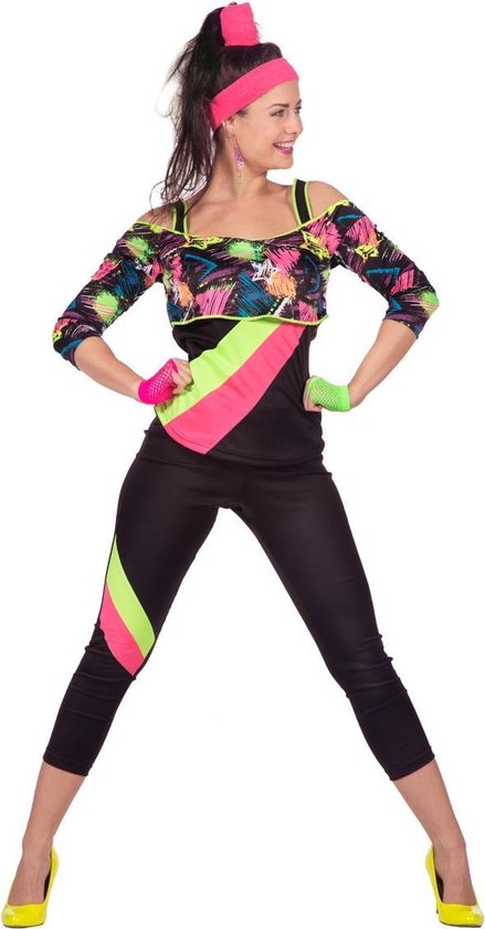 Wilbers & Wilbers - Jaren 80 & 90 Kostuum - Spetterend Aerobic Neon 80s Kostuum Vrouw - Zwart - Maat 46 - Carnavalskleding - Verkleedkleding