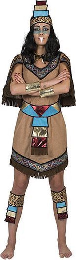 Funny Fashion - Indiaan Kostuum - Azteekse Krijger Tomatl - Vrouw - Bruin, Wit / Beige - Maat 36-38 - Carnavalskleding - Verkleedkleding