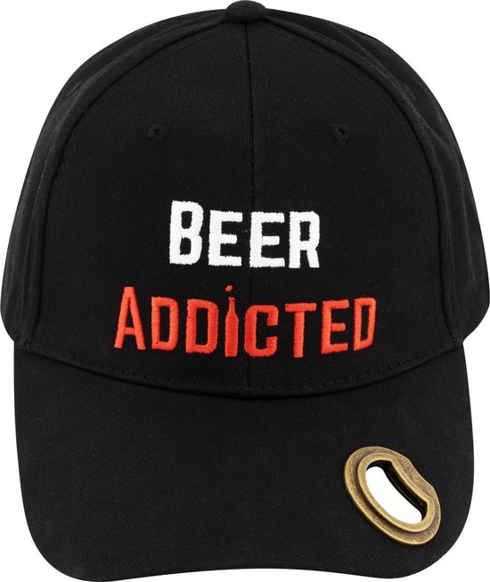 BeerAddicted - zwarte baseball cap met geintegreerde flesopener - Ideaal voor carnaval, een mancave of een schuurfeest - grappige cap om cadeau te geven aan bierliefhebbers - conversation starter: met deze pet maak je vrienden!
