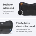 Bovenaanzicht van massagekussen met fijnmazige stof. Zijkant van massagekussen met elastische band.