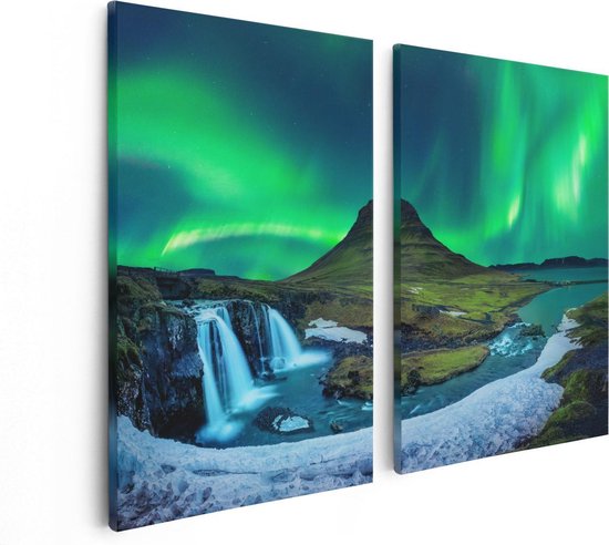 Artaza Canvas Schilderij Tweeluik Noorderlicht bij de Watervallen in IJsland - 80x60 - Foto Op Canvas - Canvas Print