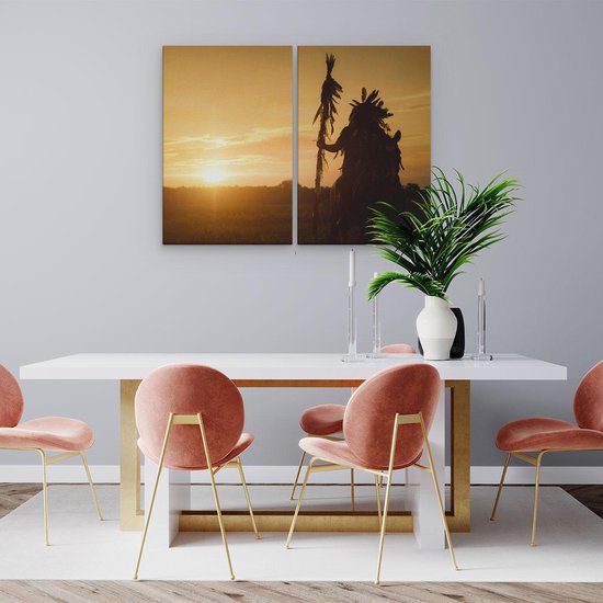 Artaza Toile Peinture Diptyque Indien avec une Lance au Coucher du Soleil - 80x60 - Photo sur Toile - Impression sur Toile