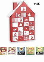 H&L houten adventskalender - rood/wit - met Lipton thee - 24 theezakjes - kerstcadeau - thee kalender - aftelkalender kerst - feestdagen - huisje