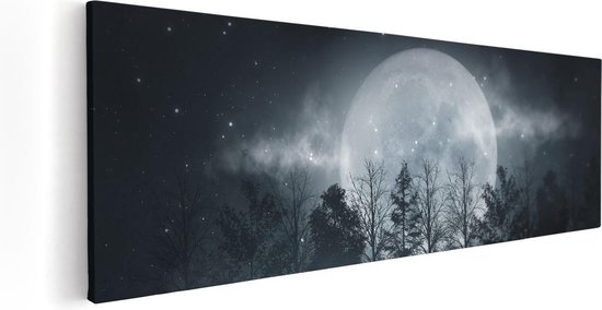 Artaza Canvas Schilderij Maan tussen de Bomen in de Nacht - 120x40 - Groot - Foto Op Canvas - Canvas Print