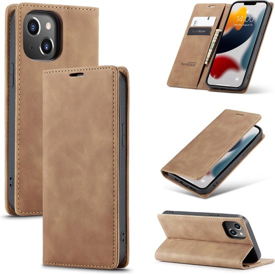 Collage d'étui portefeuille marron : fermé, ouvert avec téléphone et cartes, partiellement ouvert, et dos avec téléphone.