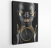Canvas schilderij - Beautiful woman with black and golden paint on her body holding clock against dark background -  1195012702 - 115*75 Vertical